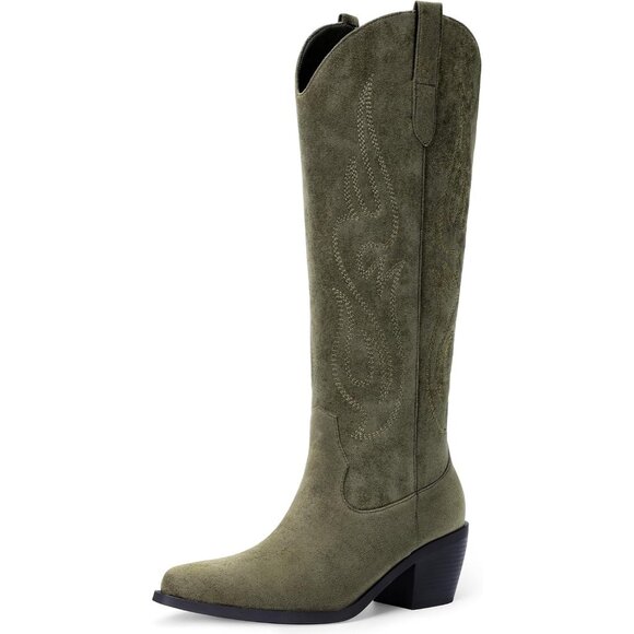 Women FauxLeather Green Suede Embroidered Knee High Pointed Toe Chunky Heel Boot - Picture 1 of 6